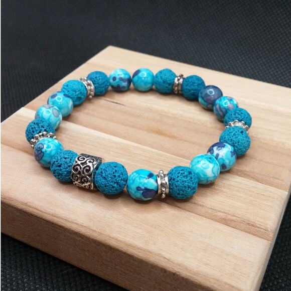Artisan Rain Flower Jade Bracelet Beaded Lava Stones Diffuser Tibetan Silver - Picture 4 of 14